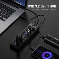Fideco Powered 10-Port USB Hub USB 3.2 Gen 1 Data Hub with Independent On/Off Switch HKG010C