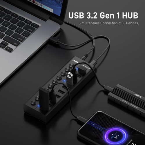 Fideco Powered 10-Port USB Hub USB 3.2 Gen 1 Data Hub with Independent On/Off Switch HKG010C